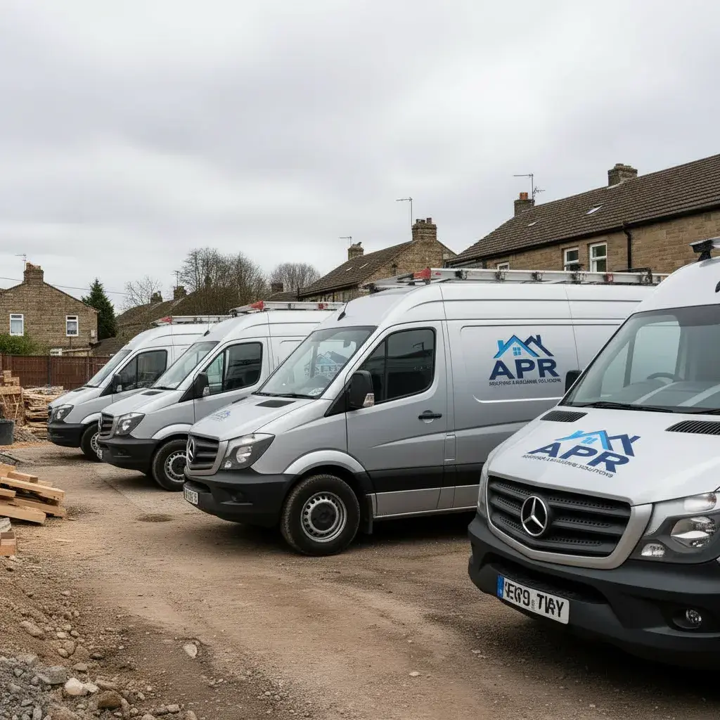 APR Roofing fleet of branded vans ready for roofing and building projects across Yorkshire
