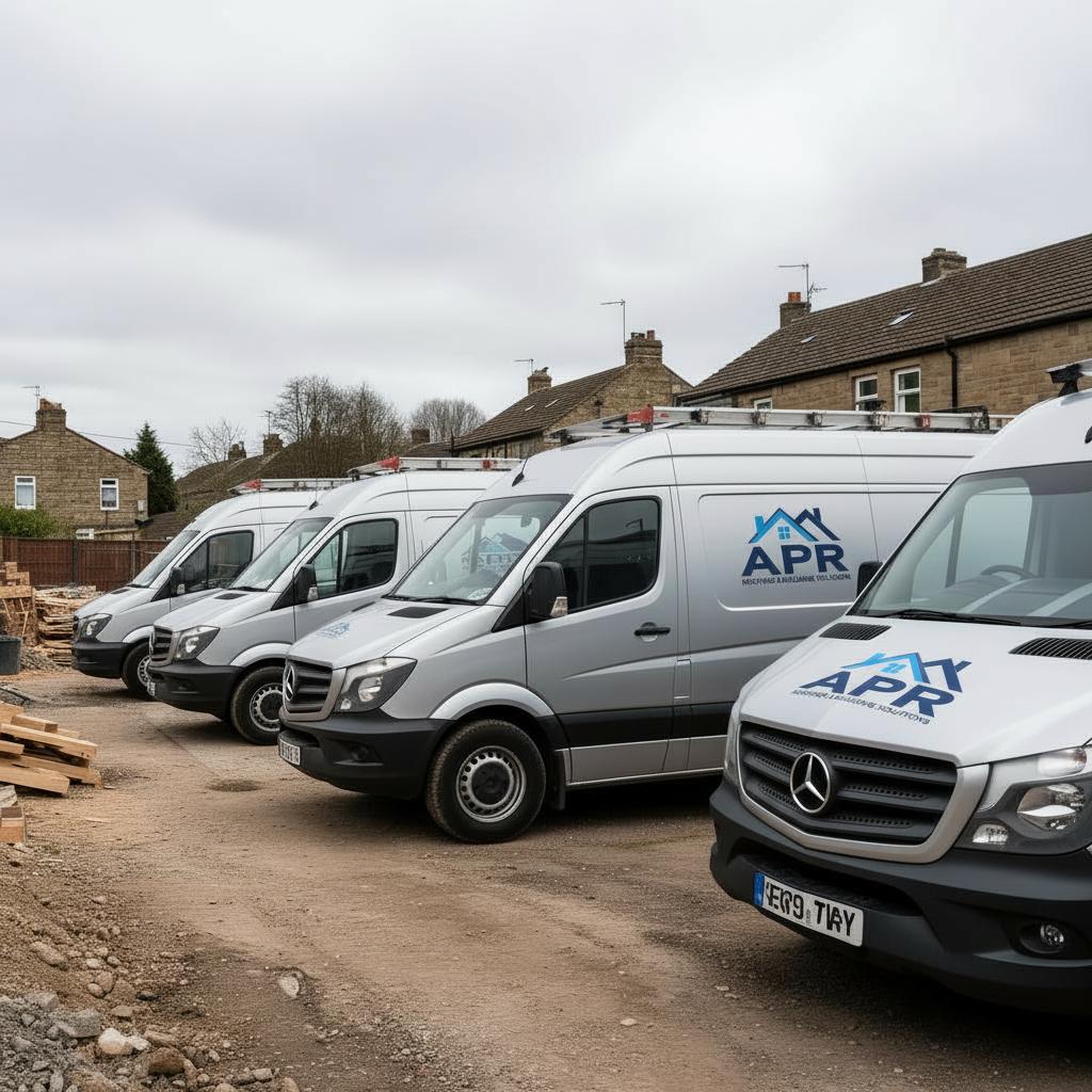APR Roofing fleet of branded vans ready for roofing and building projects across Yorkshire